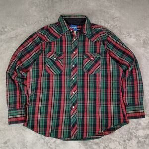 VTG Wrangler black/green/red plaid thick western casual pearl snap shirt M-XL
